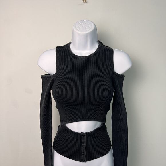 NWT Zara Acid Wash Cutout Long Sleeve Knit Top Size Small - Picture 1 of 7